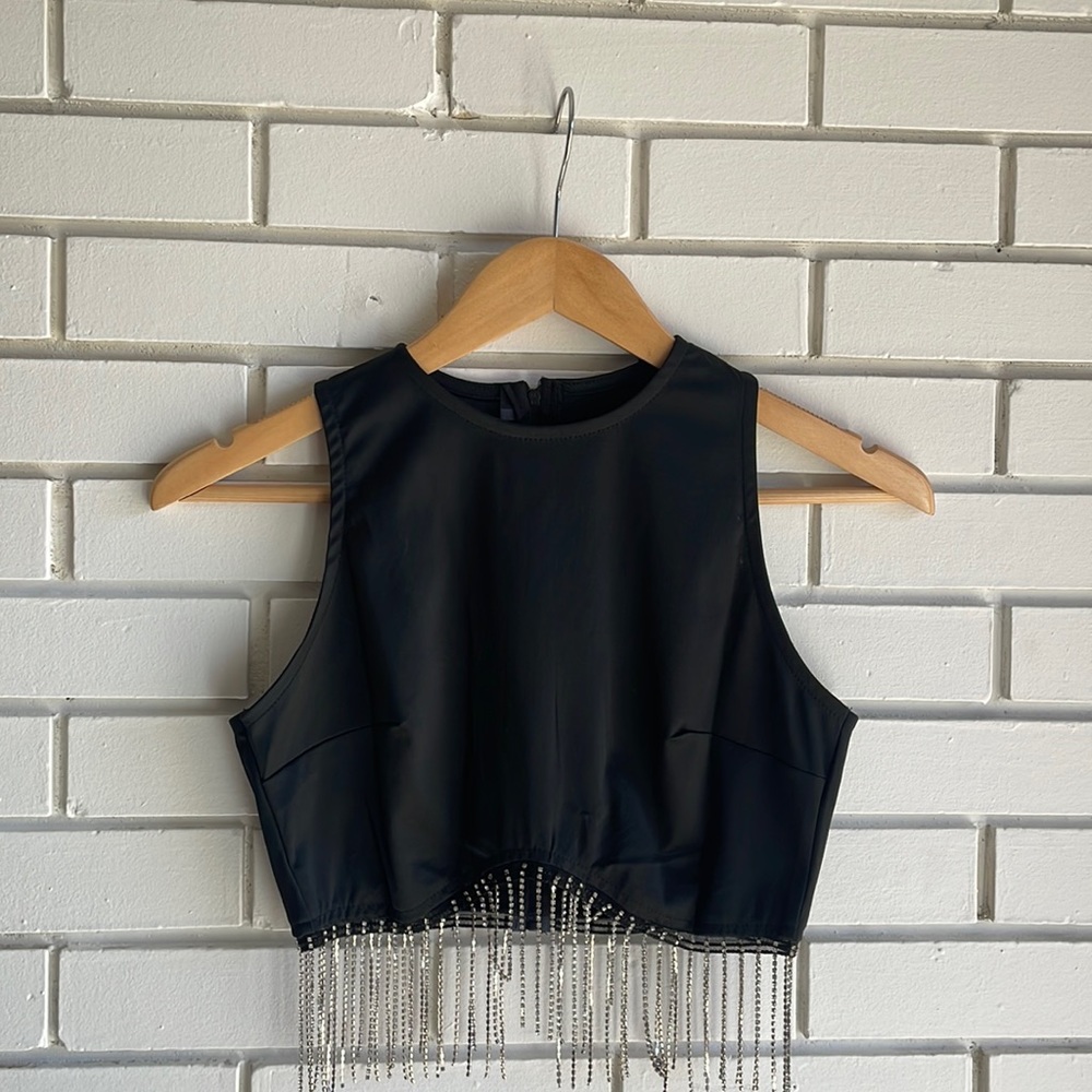 Black Rave Crop Top | Gemstone Tassels